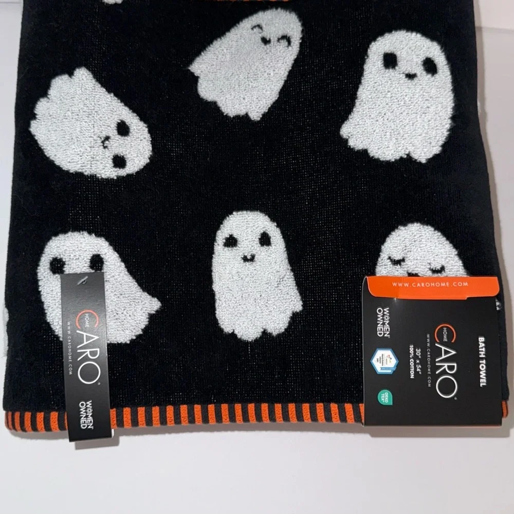 Caro 4 Piece Cotton Bath Towel Set Halloween Black Orange White Raised Ghosts